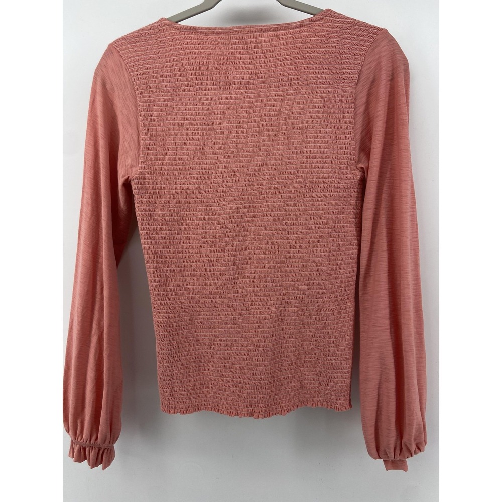 Nation LTD Top Womens Small Pink Smocked‎ Cotton V Neck Balloon Sleeve Stretch - Picture 2 of 9